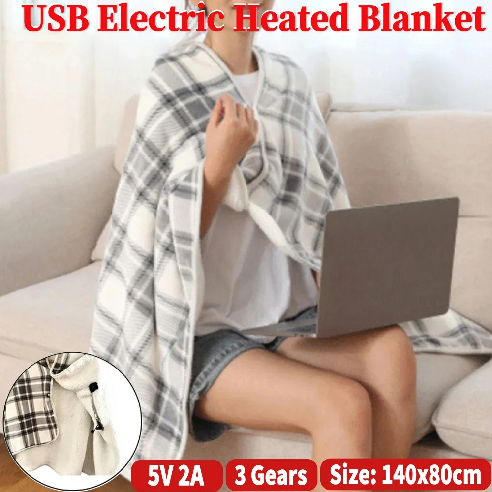 

USB Electric Heated Blanket 3 Heating Levels 5V Warm Heated Shawl Wearable For Office Sleeping Back Knee Warm Carpet 140x80CM