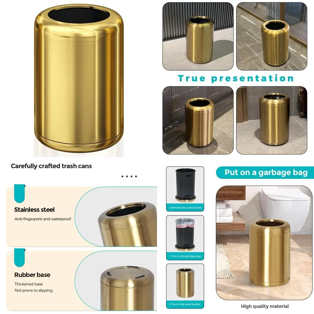 

Antique Brass Bathroom Trash Can - 2.1 Gallon Capacity, Elegant Waste Basket for Home, Office, and Hotel Use