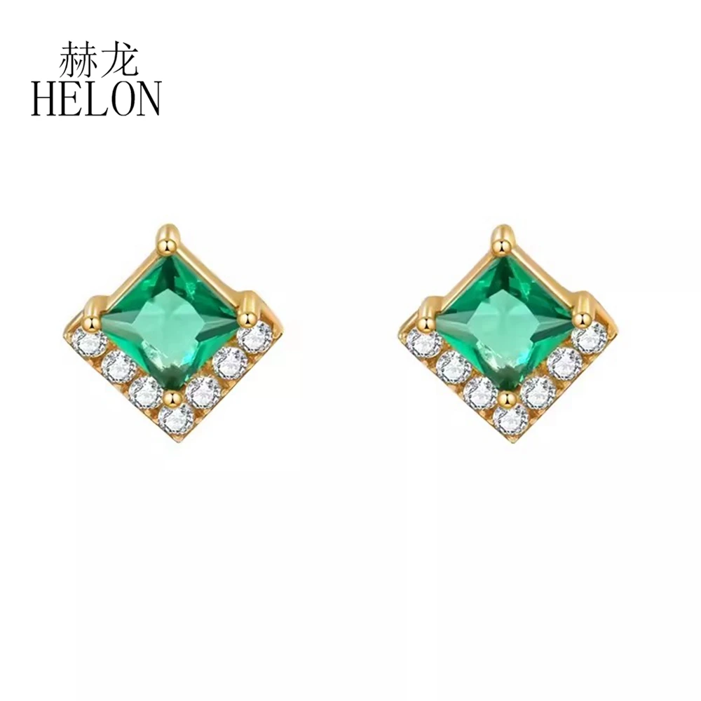 HELON Solid 14K Yellow Gold Stud Earrings Genuine Tsavorite Diamonds Women Earrings Elegant Engagement Party Anniversary Trendy