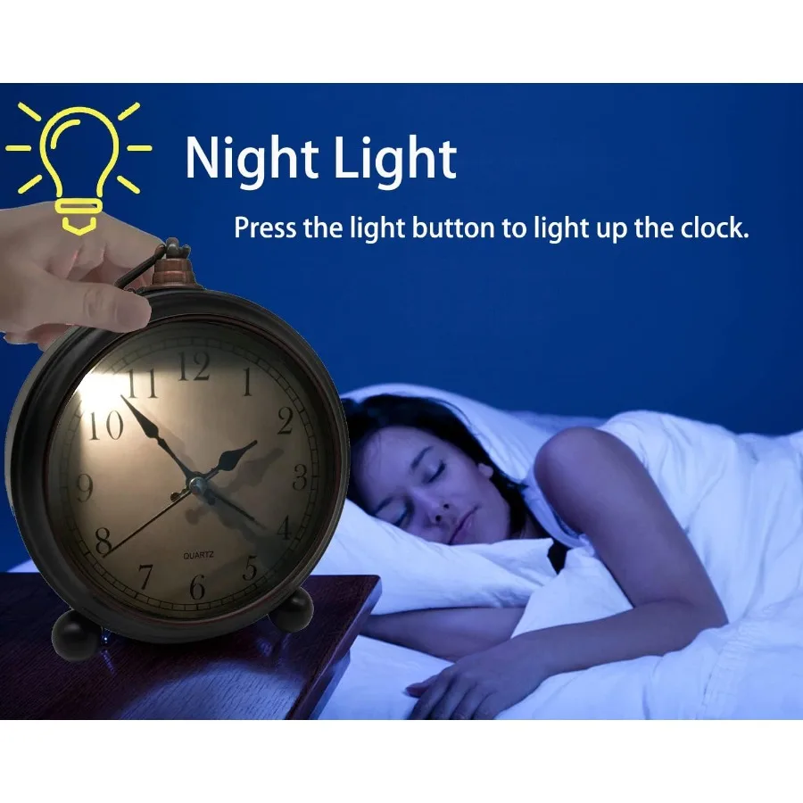 ساعة منبه كلاسيكية كلاسيكية مقاس 4 بوصات صامتة للغاية وغير موقوتة وساعة صغيرة مع إضاءة ليلية تعمل بالبطارية بتصميم بسيط لـ