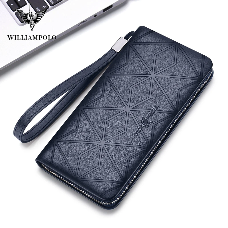 WILLIAMPOLO Men\'s Wallet Long Genuine Leather 100% Clutch Wallets Phone Bag Zip Wallet For Men Business Large Capacity Money Bag