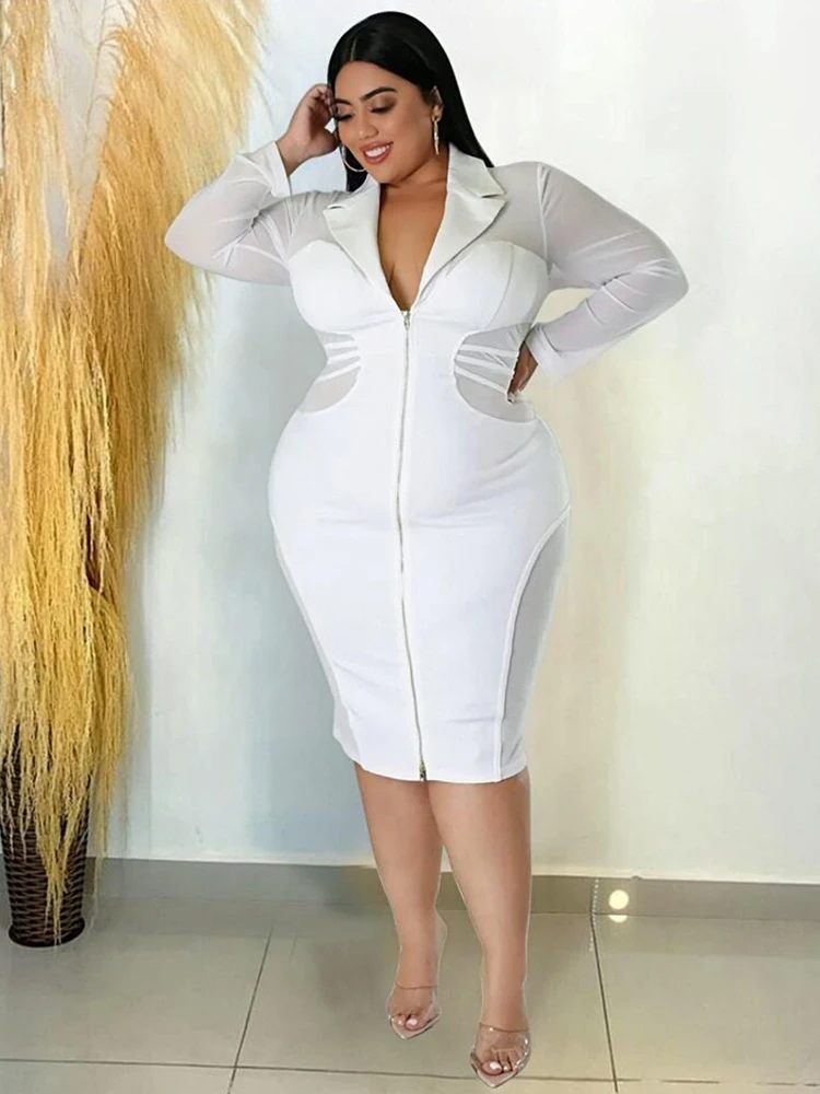 Tight Dresses for Women Long Sleeve Plus Size Sexy Dress Slinky Transparent Mesh Front Zip Dress Wholesale Bulk Dropshipping