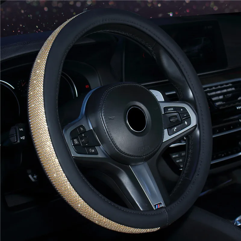 Rhinestone Car Leather Steering Wheel Covers Steering Wheel Crystal Cover Auto Car Interior Accessories For Women Girls