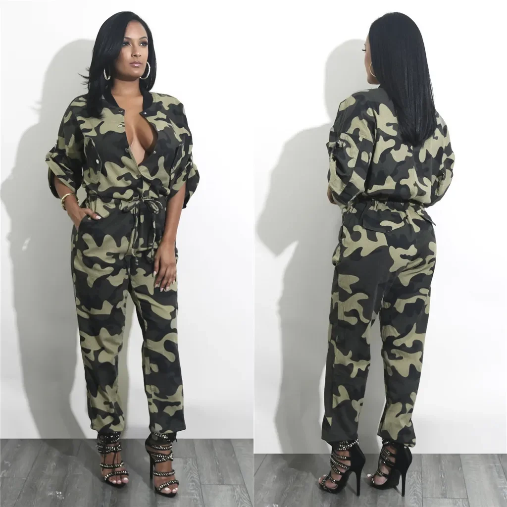 Mono de camuflaje con cuello en V profundo para mujer, mono de manga larga con botones, mono de pierna ancha de una pieza