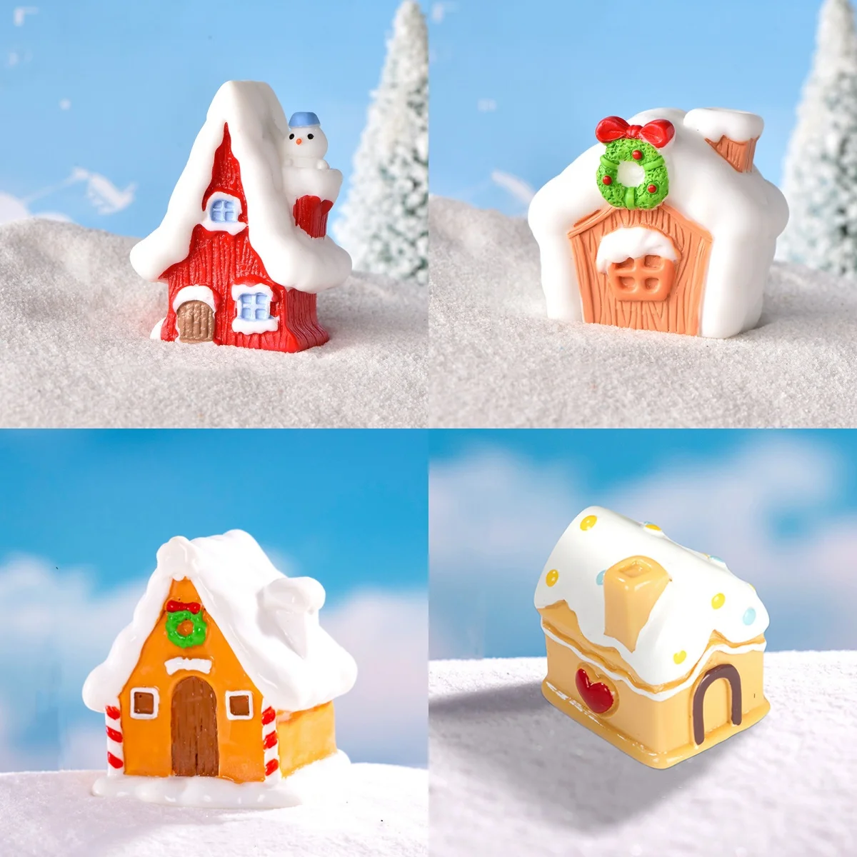 Dollhouse Miniature Resin Christmas House Figurines Model Sled Ornament Vintage Living Scene Micro Landscape Decor Xmas Gift