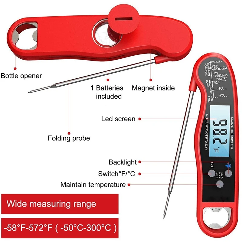 AA77 Kitchen Digital Food Thermometer Instant Read Meat Thermometer Probe for Cooking, BBQ, Grill and Oil Deep Fry