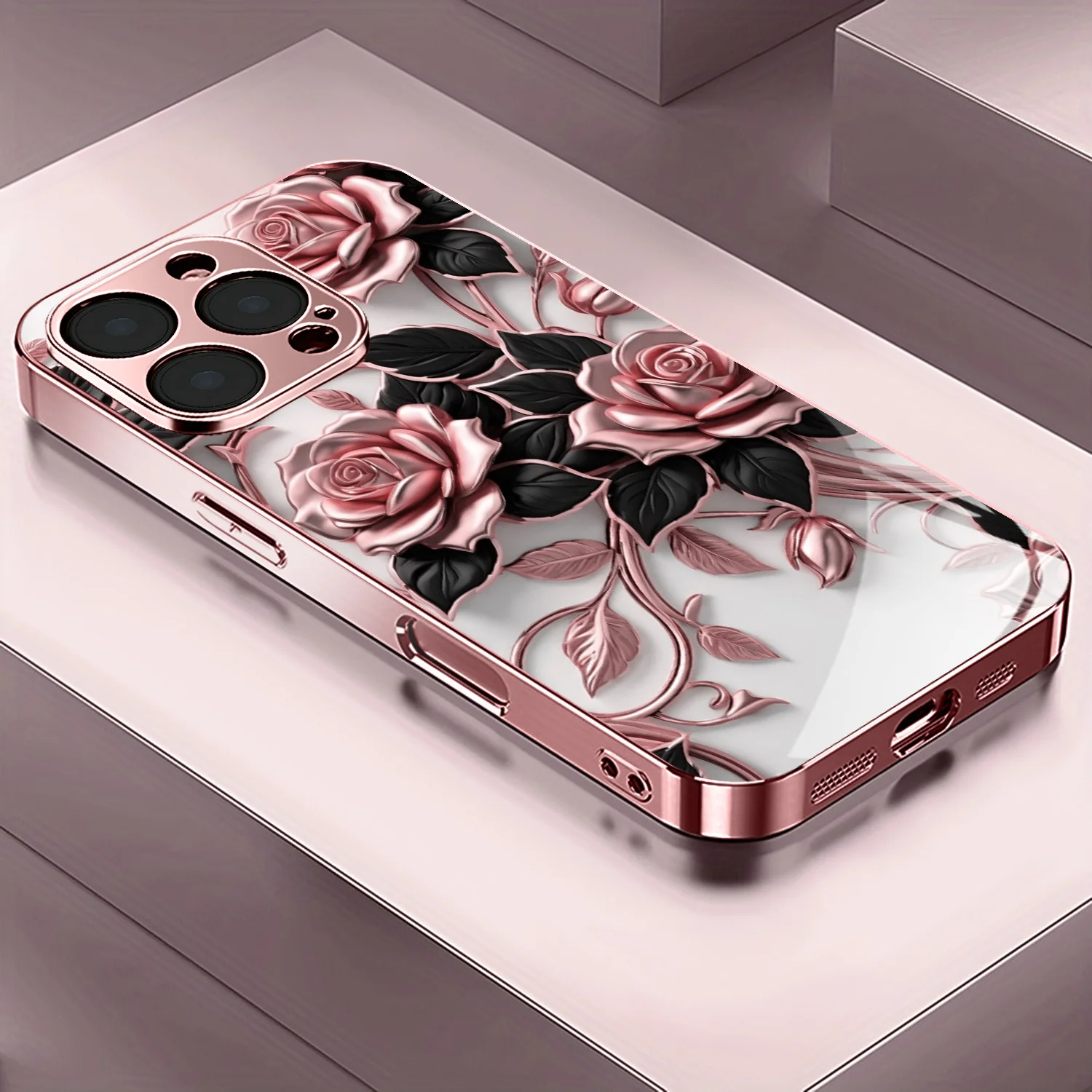 Phone case - Rose pattern rose gold / electroplated pink phone case cover, suitable for Iphone 17/17 Pro/17 Air/17 Pro Max/16