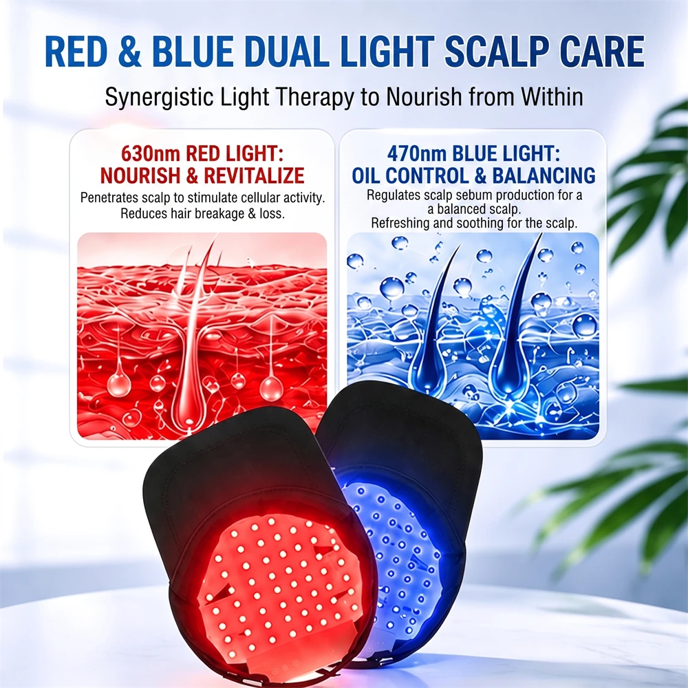 70 LEDs Red Blue Light Hair Growth Cap 630nm 470nm Scalp Massage Helmet Vibration Heating Anti Hair Loss Hat Rechargeable