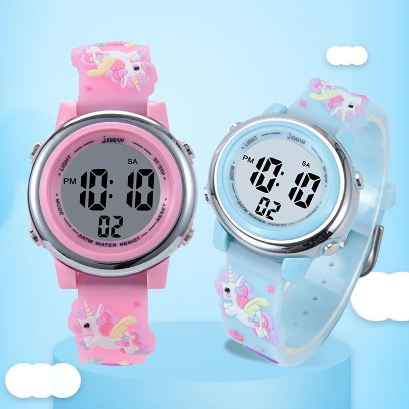 IP68 Waterproof Children's Electronic Watch 3D Cartoon Colorful Luminous Unicorn Pony Led Sports Children's Kids Watches Gift