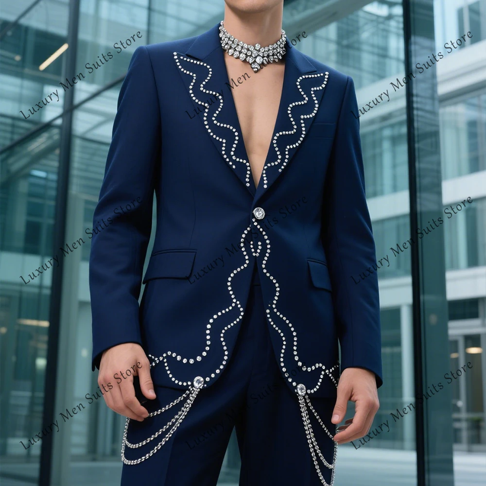 

Leisure Crystal Men Suits 2 Pieces Chain Decoration Tuexdos Wedding Party Outfits Customized Blazer Pants robe mariage femme