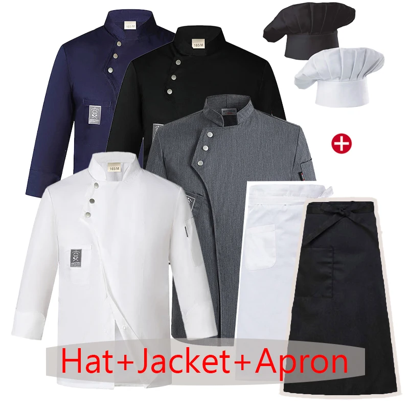 Long Sleeve Chef Jackets Restaurant Uniform Kitchen Chef/Waiter Shirt  Apron Cap Food Service Bakery Cooking Clothes 3-Set