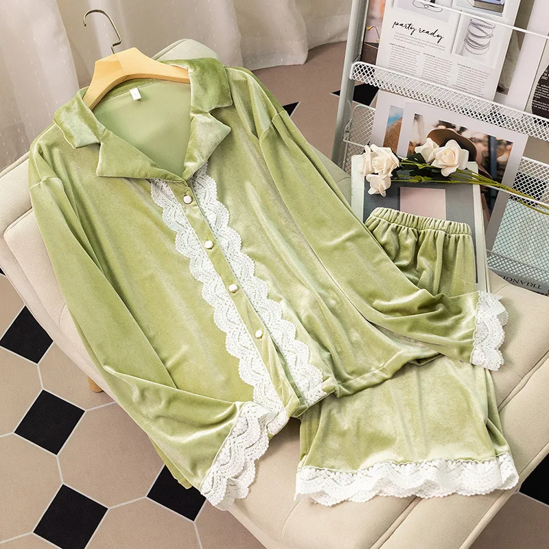 

2PCS Velour Lace Shirt Pants Pajamas Set Autumn Winter Velvet Sleepwear Women Femme Nightsuits Home Clothes