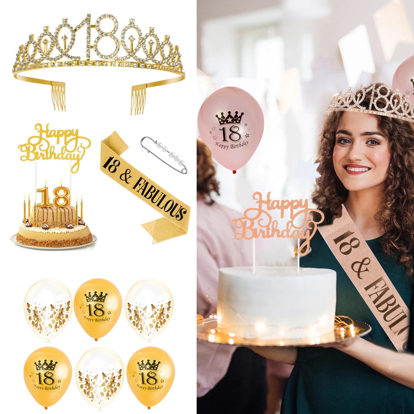 

Birthday Sash Crown Set Glitter Girl Birthday Queen Sash Tiara Set with 6 Balloons Birthday Crown Cake Topper Party Supplies