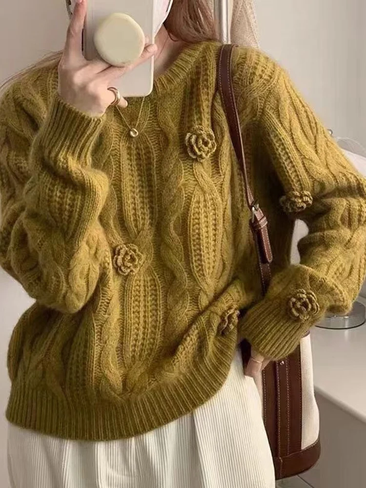 LANMREM 3D Floral Knitted Sweater Women Casual Round Neck Long Sleeves Solid Color Pullover Tops Fashion 2024 Autumn New 2VV119