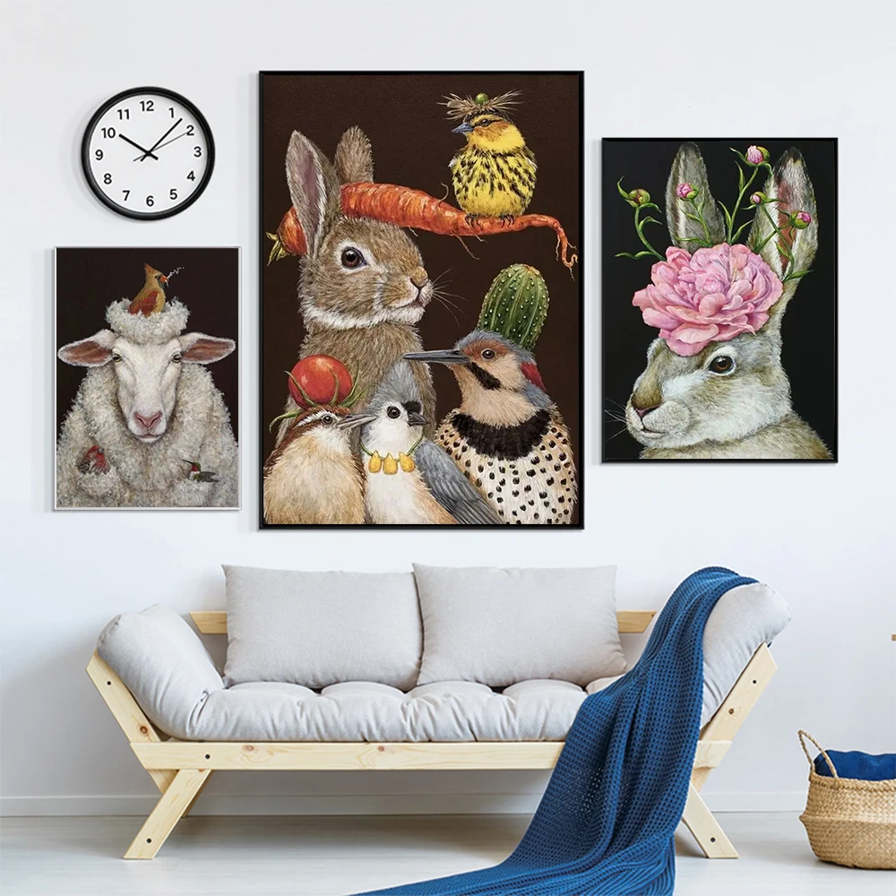 Rabbit Bird Duck and Sheep Canvas Painting Wall Art Pictures Animal Poster Print Drawing For Living Room Home Decoration