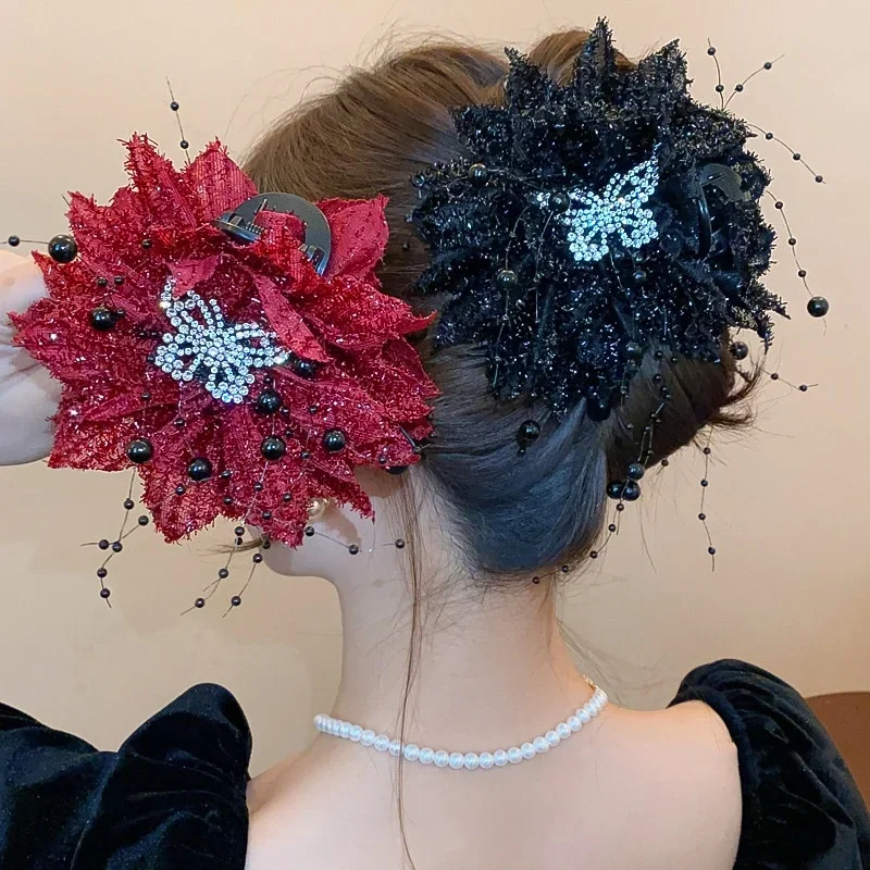 Grampos de garra de cabelo com strass de dupla face, borboleta, flores, temperamento elegante, acessórios de cabelo de alta qualidade para mulheres