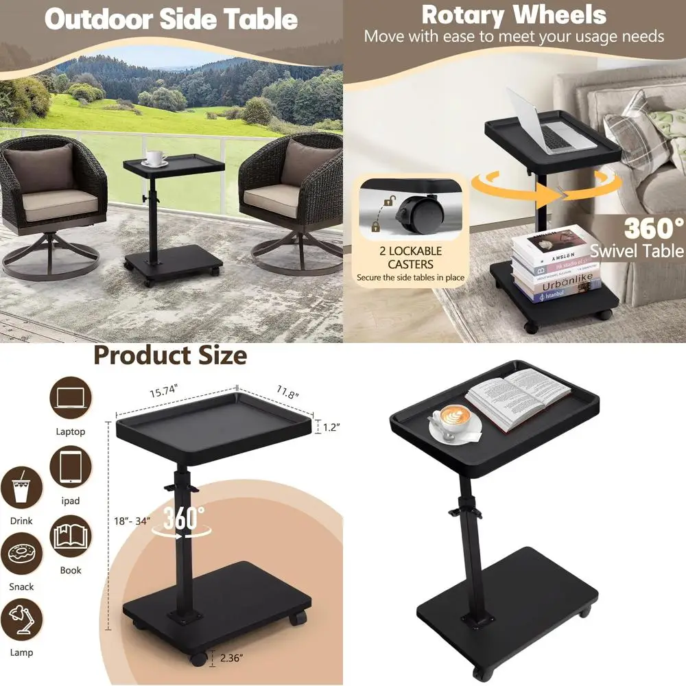 

Adjustable Height 360° Swivel C-Shaped Side Table with Wheels, Compact TV Tray for Living Spaces