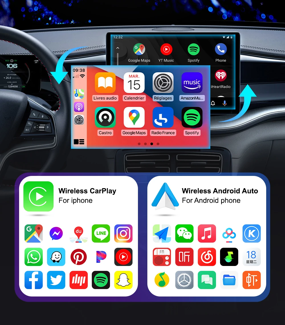 2 في 1 CarPlay وAndroid Auto Mini Ai Box محول Carplay اللاسلكي سلكي إلى سماعة لاسلكية تعمل بالبلوتوث WiFi توصيل من النوع C التوصيل والتشغيل