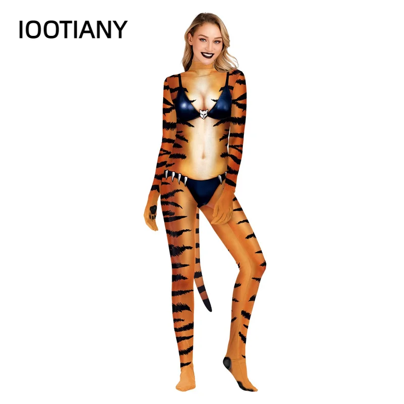 IOOTIANY Anime  New Tigra 3D Tiger Print with tails Cosplay Costume for Women and Men Fashion Skinny Slim Jumpsuits Bodysuit