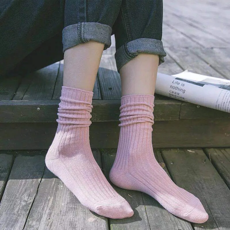 5 pairs solid ribbed crew socks women mixed color 4 seasons fit loose socks set daily basic sox