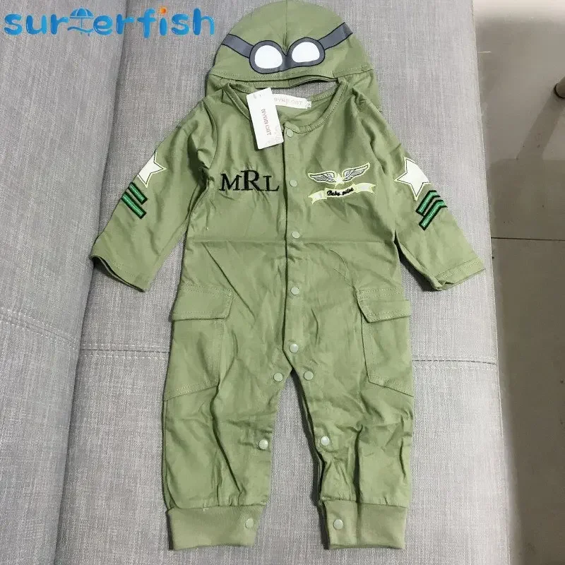 Baby Boy 2pc Set Infant Green Full Sleeves Pilot Aviator Romper+Hat 2pcs Set Playsuit Outfit Jumpsuit Rompers Halloween Costume