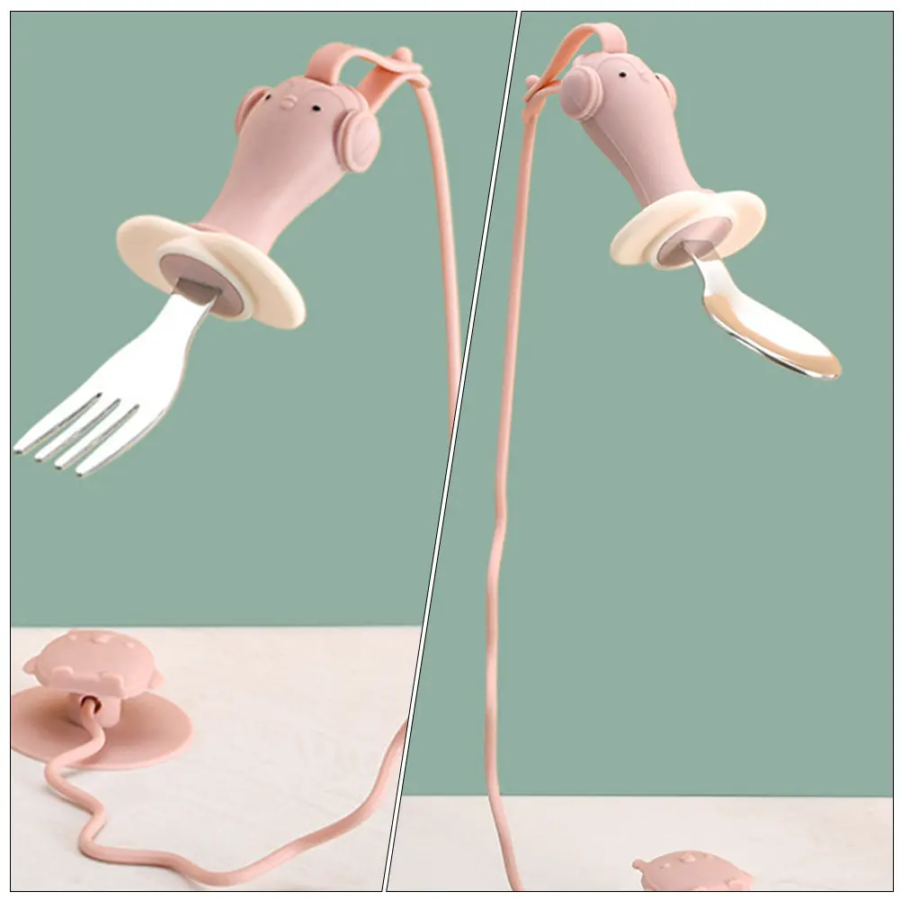 

1 set 1 Set Baby Fork Spoon Set With Suction Cup Base Anti-Drop Chain For Toddlers Self-Feeding Mess-Free Dining Travel Silicone