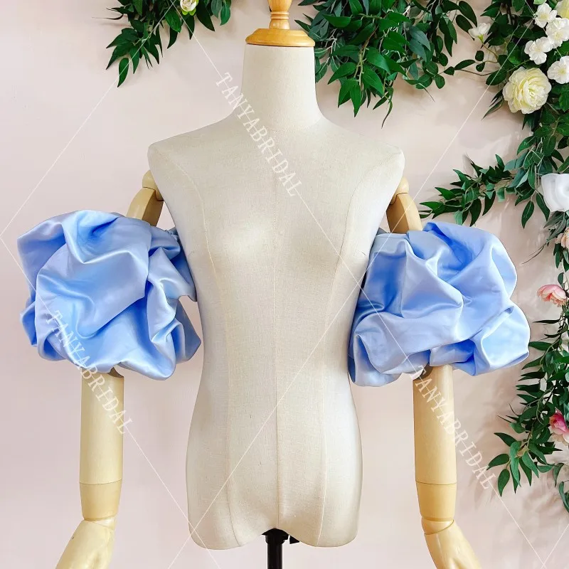 Light Sky Blue Satin Detachable Sleeves For Wedding Party Puffy Short Sleeves Arm Decoration Accessories Beauty Pageant Sleeves