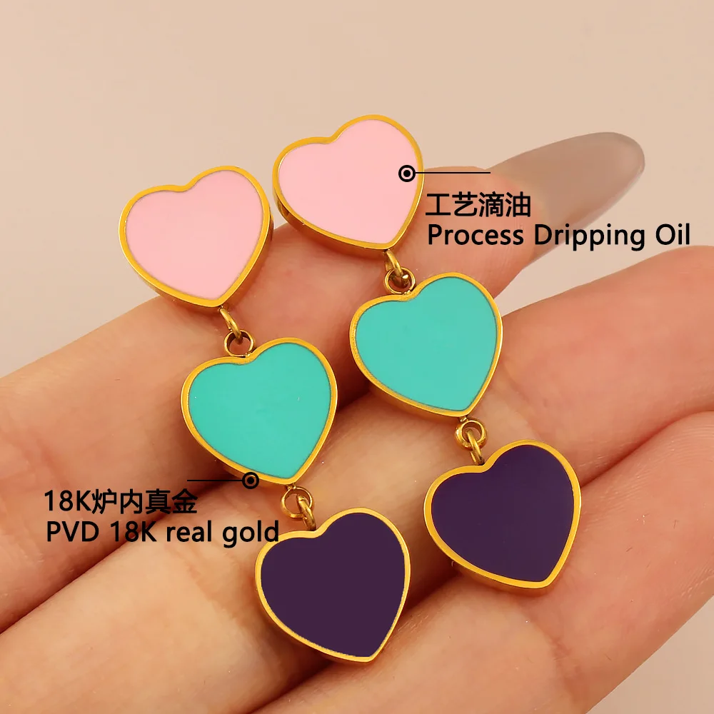 DIY accessories Fashion contrasting color love dripping earrings sweet girl three peach heart flow Su color matching stainless s