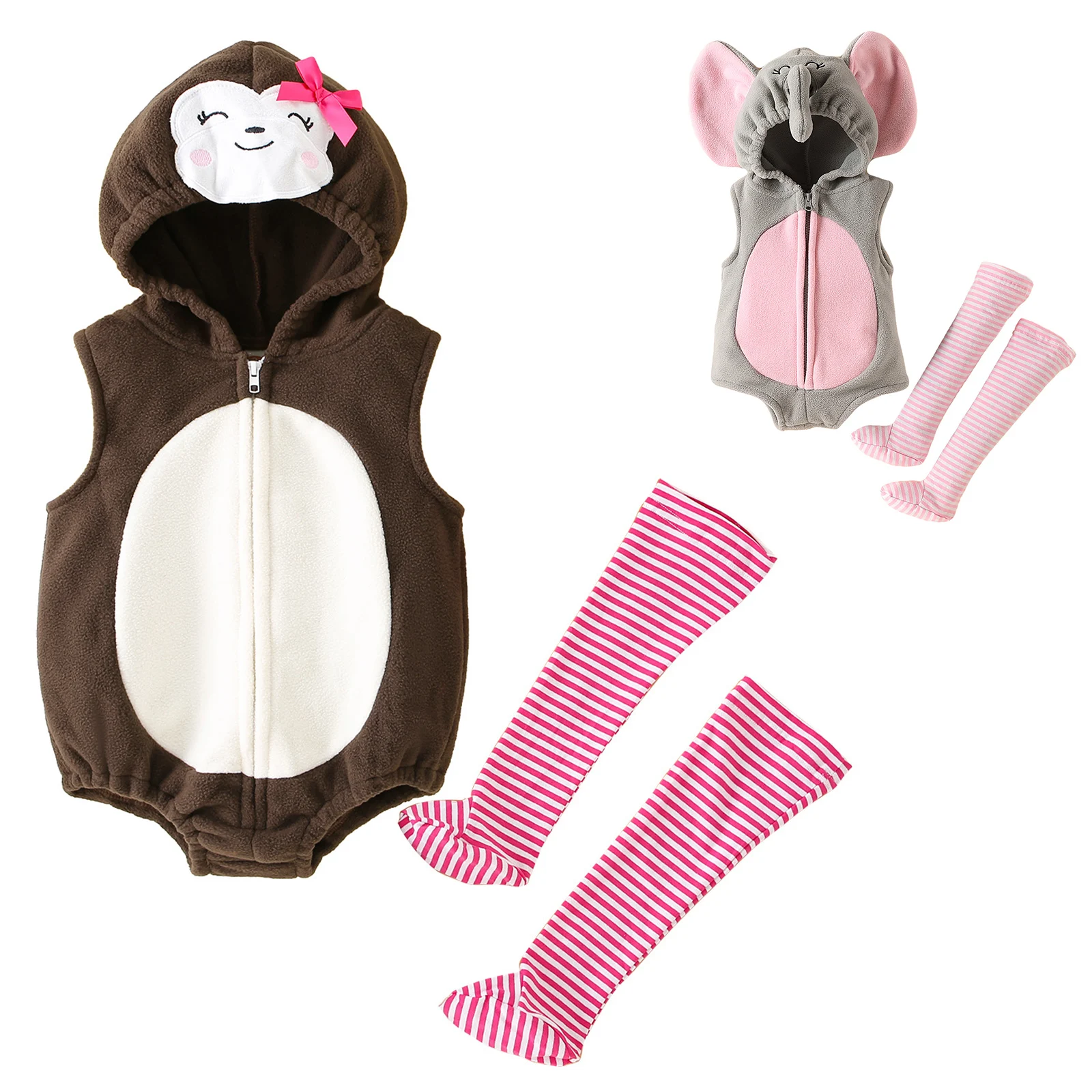 Baby Boys Girls Halloween Cute Animal Hooded Romper Sleeveless Zipper Jumpsuit with Striped Stockings Birthday Party Daily Wear