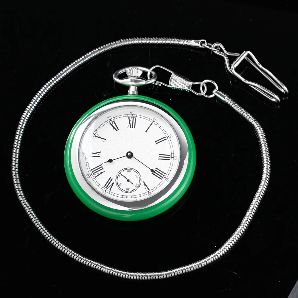 Luxury Vintage Mechanical Wind Pocket Watch Up Green Jade&Stainless Steel Pouch Fob Watch Christmas  Birthday Collection Gift