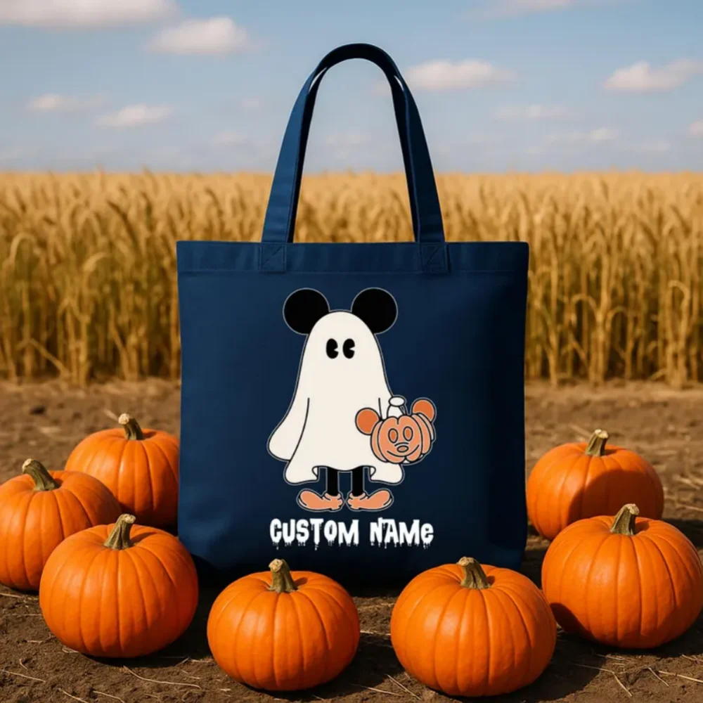 حقيبة حمل مخصصة للهالوين، حقيبة خدعة أو علاج لشخصية شبح، حقيبة يقطين تحمل اسم مخصص، حقيبة حلوى الهالوين للأطفال، حقيبة ميكي ميني