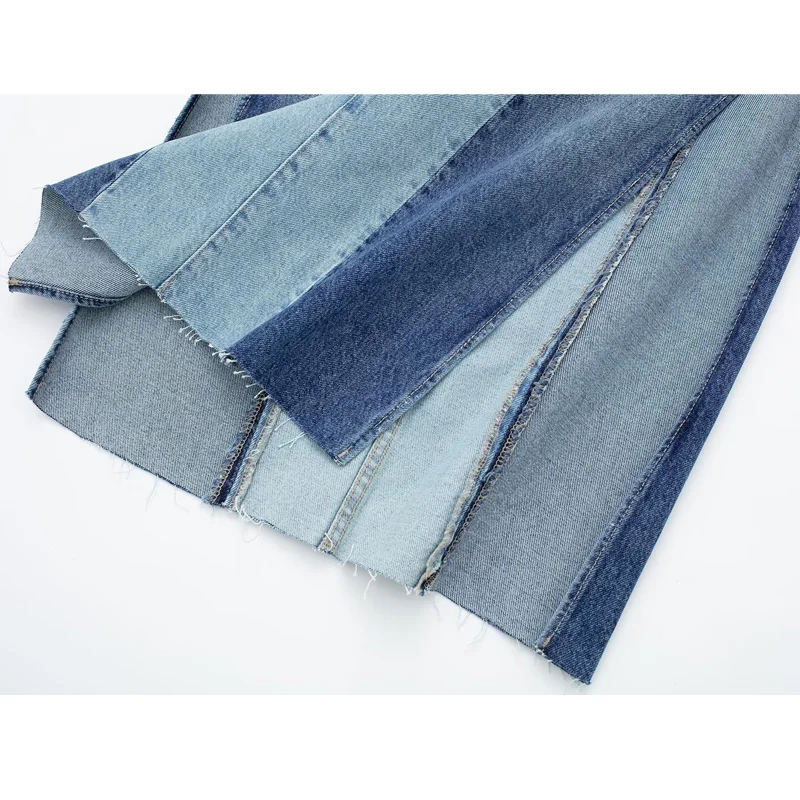 TRAF Blue Denim Long Skirt Women Patchwork Jean Maxi Skirts for Women Summer Mid Waist Woman Skirts Streetwear Slit Women Skirt