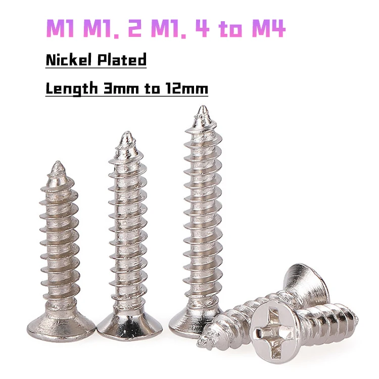 Peijian M1 M1.2 M1.4 To M4 Mini Nickel Plated Carbon Steel Recessed Countersunk Flat Self-tapping Screw Wood Furniture Screw
