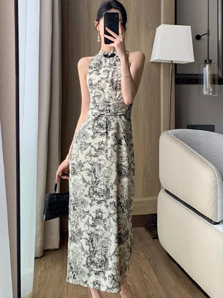 

Summer New Vintage Print Sleeveless Midi Dresses for Women 2024 Fashion Slim Female Vestdios Lady Elegant Party Bodycon Clothing