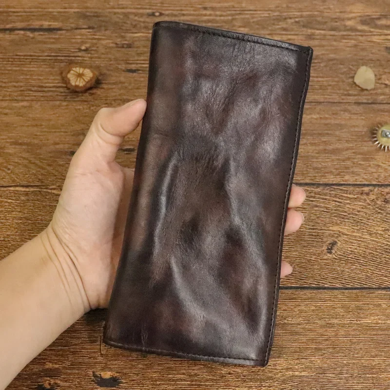 Vintage Wallet Top Layer Cowhide Vegetable Tanned Leather Handmade Old Fold Long Wallet Men\'s Multi Card Wallet Handheld Bag