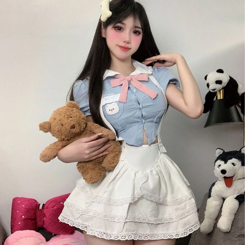 Elegant Kawaii Lolita Peter Pan Collar Bow Shirts Women Summer Sweet Puff Sleeve Blouses Y2k E-Girl Slim Fit Blue Blusas Sets