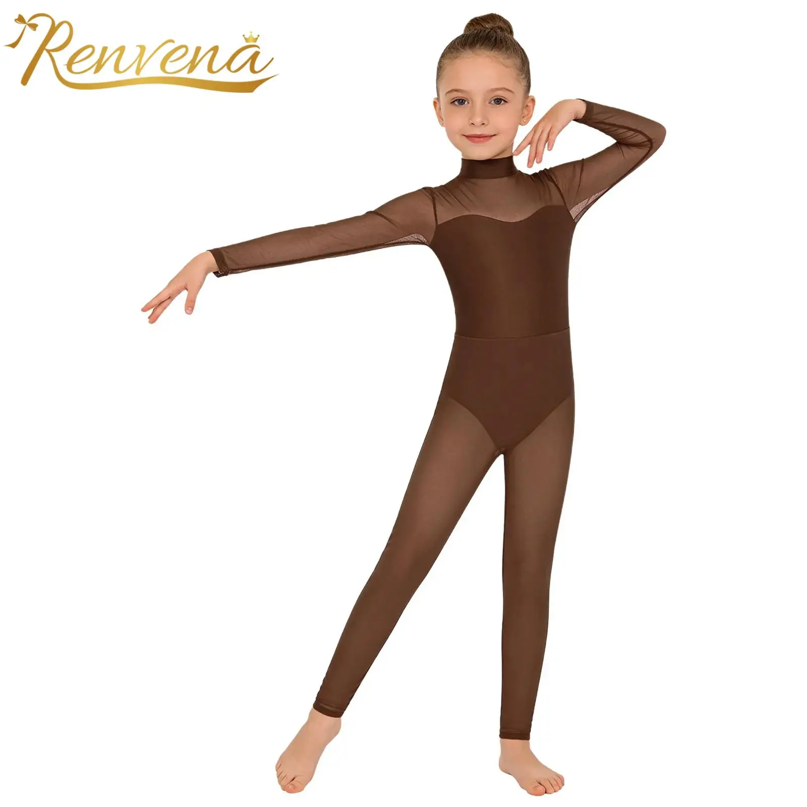 Children Long Sleeve Rhythmic Gymnastics Jumpsuit for Girls Mesh Ballet Dance Leotard Acrobatics Costume Figure Skating Bodysuit
