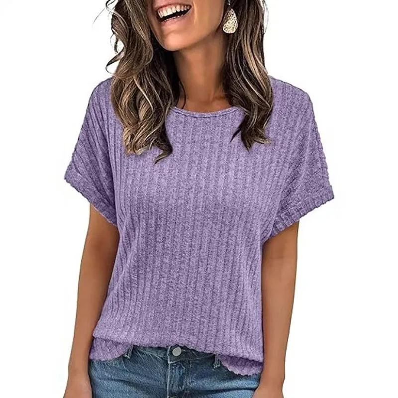 2026 European and American Summer New Product woman Solid Color Round Neck Pit Bar Casual Short Sleeve T-shirt for Women t-s