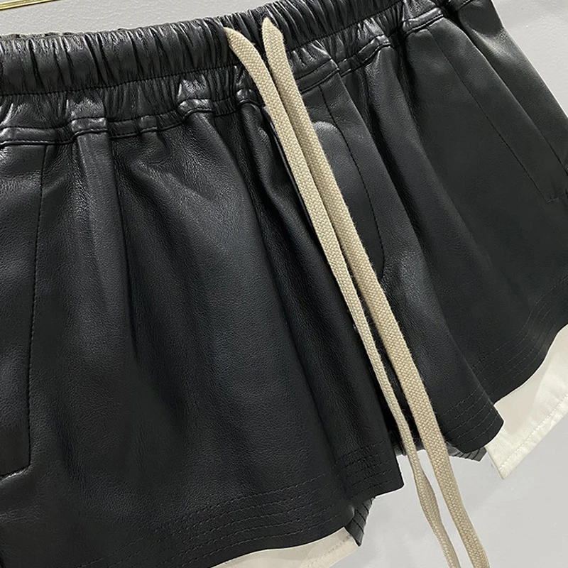 High Street Women's Shorts PU Material Black Solid Casual Pants for Woman Drawstring Techwear Women's Clothing