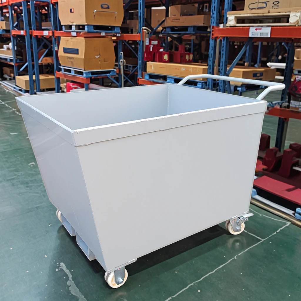 Small steel table with carter wheel trolley, industrial bucket cart