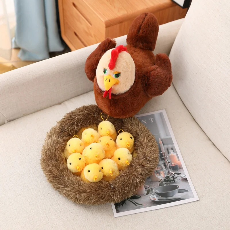Gallina + pollo + nido juguetes de peluche Kawaii animales lindos decoración casera muñecos de peluche pollo de dibujos animados juguetes de peluche