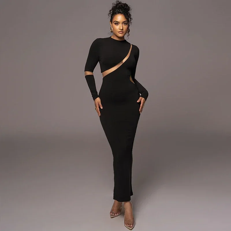 

Mesh Insert Black Long Dress Woman O-Neck Long Sleeve Bodycon Maxi Dress Sexy Tight Autumn Winter Dresses