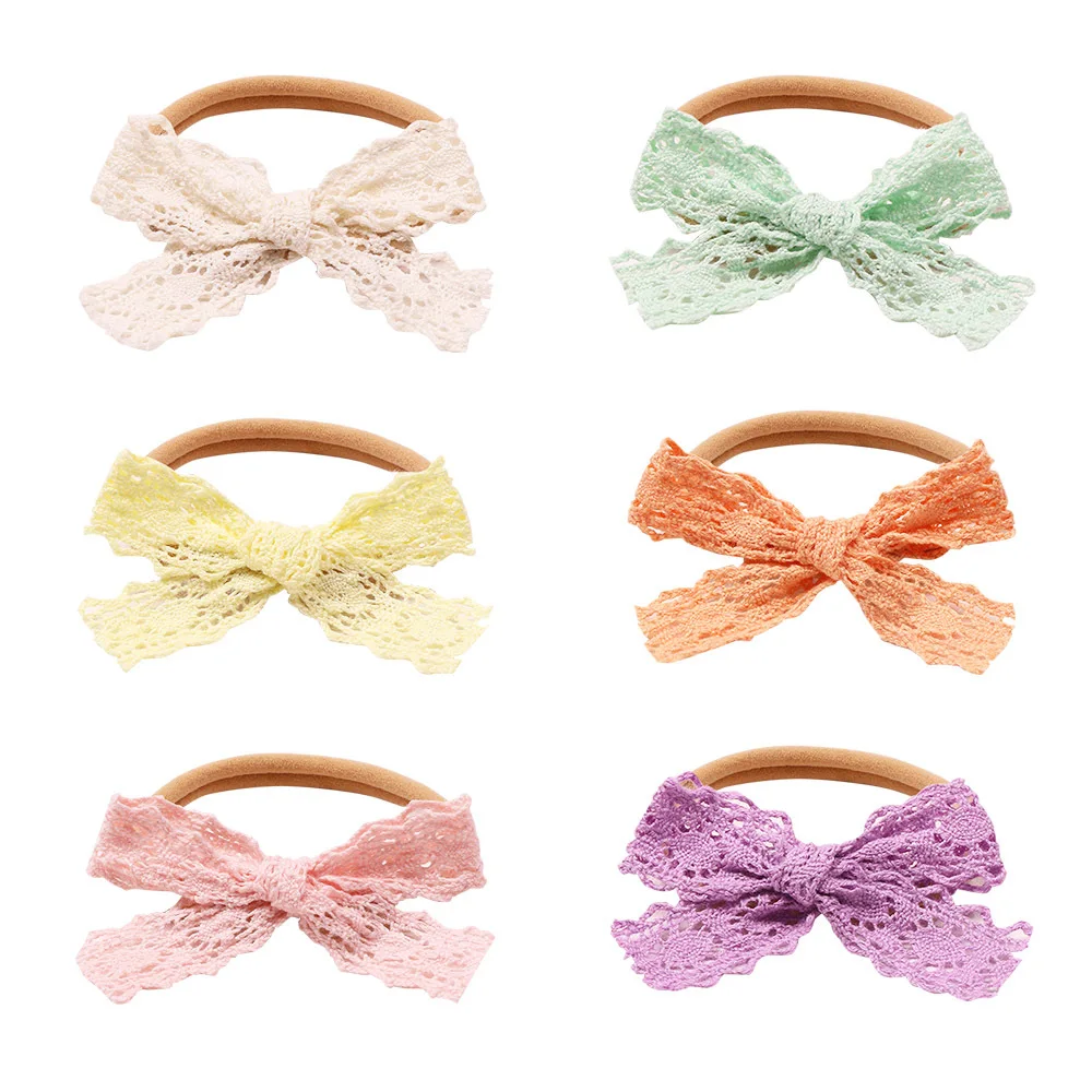 

5sets 6in1 Hollow Lace Bow Nylon Headbands Pastel Colors Bowknot Soft Hairbands Newborn Baby Headwear Boutique Hair Accessories