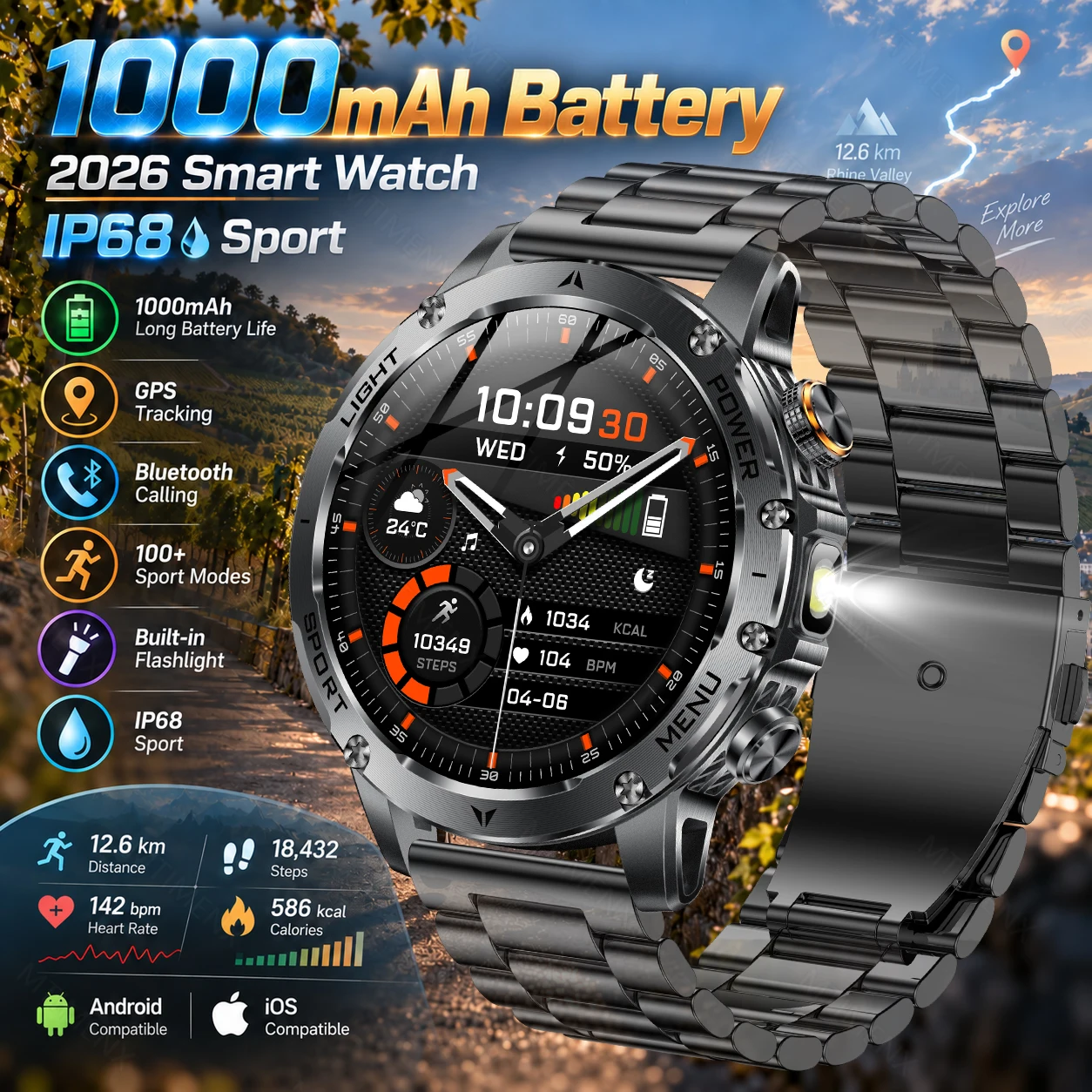 Smartwatch da uomo con display AMOLED da 1,7 pollici, modello 2026, con funzionalità di chiamata Bluetooth, ideale per attività sportive all’aperto, impermeabile IP68, oltre 100 modalità sportive,