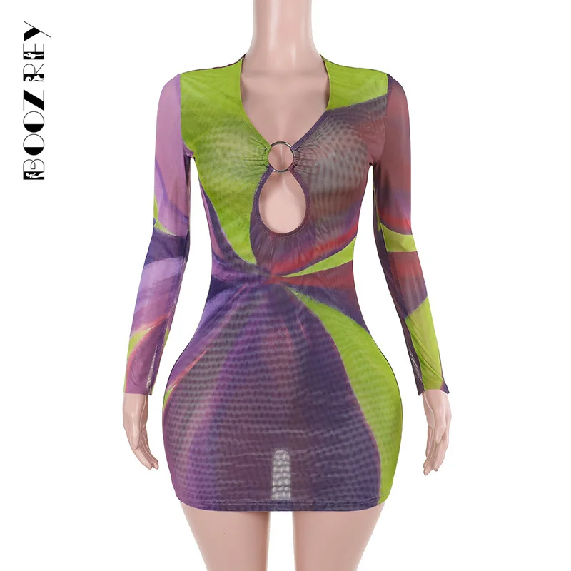 BoozRey 2024 Aesthetics Print Sexy Hollow Out Bandage Front Party Dresses Vintage O-neck Transparent Long Sleeve Dress Bodycon