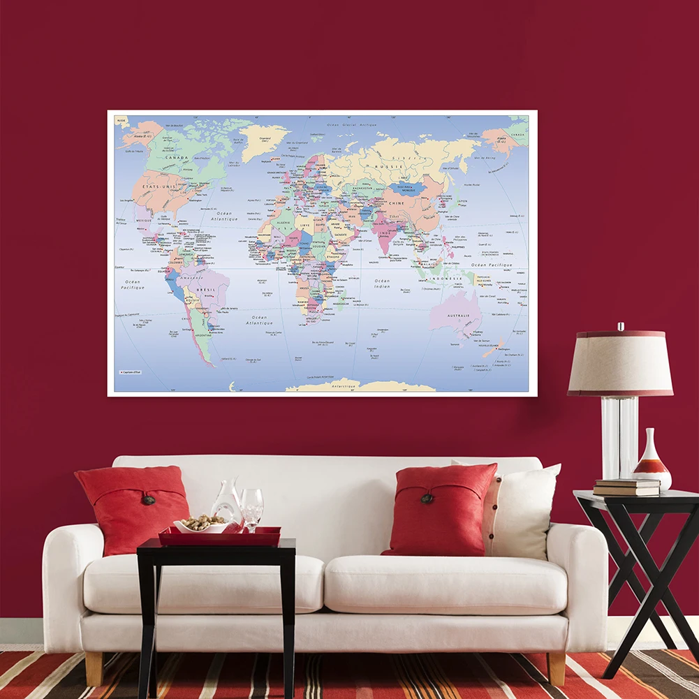 Grande Affiche de la Carte du Monde en Français, Peinture Non Tissée, Décoration Murale, pour la Maison, le Bureau, Fournitures Scolaires, 225x150cm