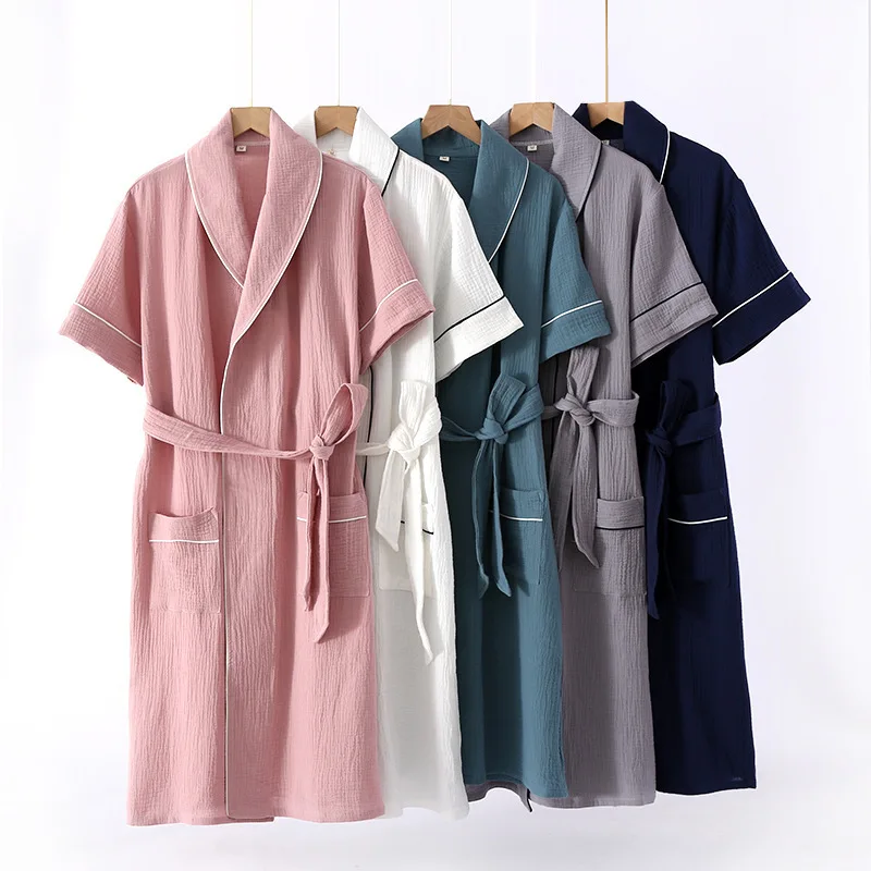 

Japanese 100% Cotton Gauze Couple Belt Nightgown Women's Short-sleeved Nightdress Crepe Men's Large Size Bathrobe Shower Robe