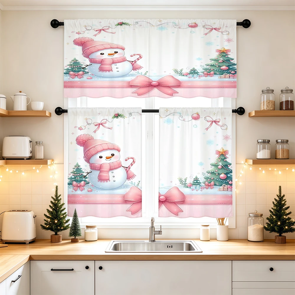 Christmas Kitchen Curtains, Pink Snowman Christmas Tree, Digital Print, Kitchen Dining Room, Rod Pocket Polyester, Home Decor