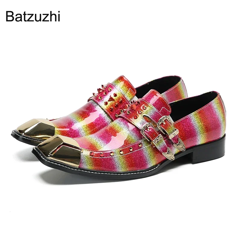 Batzuzhi Luxury Handmade Men's Sheos Slip on Buckles Leather Dress Shoes Men Gold Metal Tip Rivets Party, Wedding Shoes Man