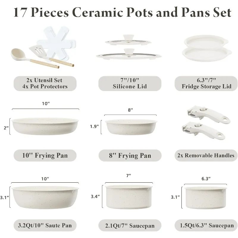 Healthy,Non Toxic,17-Pieces Pots and Pans Set Removable Handles,Induction RV Kitchen Set,Stain & Scratch-resistant,